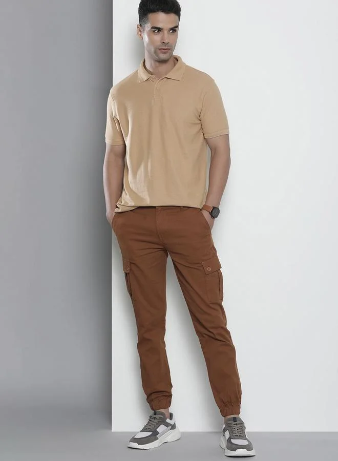 The Indian Garage Co  Men Rust Solid Slim Fit Cargo Pants for Men | Best Price UAE