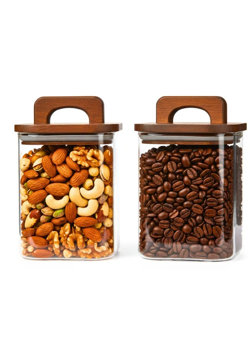 1Chase Square Glass Storage Jars with Acacia Wood Lids – Set of 2 (1100ml) Airtight Food Storage Containers with Handles for Pantry, Pasta, Oats, Flour, Cookies, Coffee, Rice & More