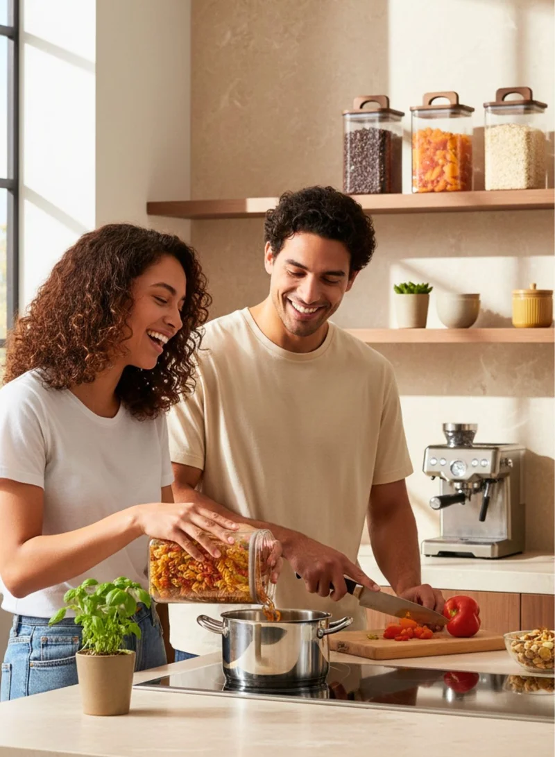 1 تشيس مرطبانات تخزين زجاجية مربعة بأغطية من خشب الأكاسيا - مجموعة من 2 (1100 مل) حاويات محكمة الغلق لتخزين الطعام بمقابض للمخزن والمعكرونة والشوفان والدقيق والكعك والقهوة والأرز والمزيد