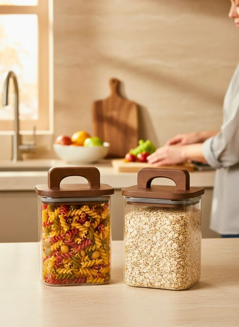 1Chase Square Glass Storage Jars with Acacia Wood Lids – Set of 2 (1100ml) Airtight Food Storage Containers with Handles for Pantry, Pasta, Oats, Flour, Cookies, Coffee, Rice & More