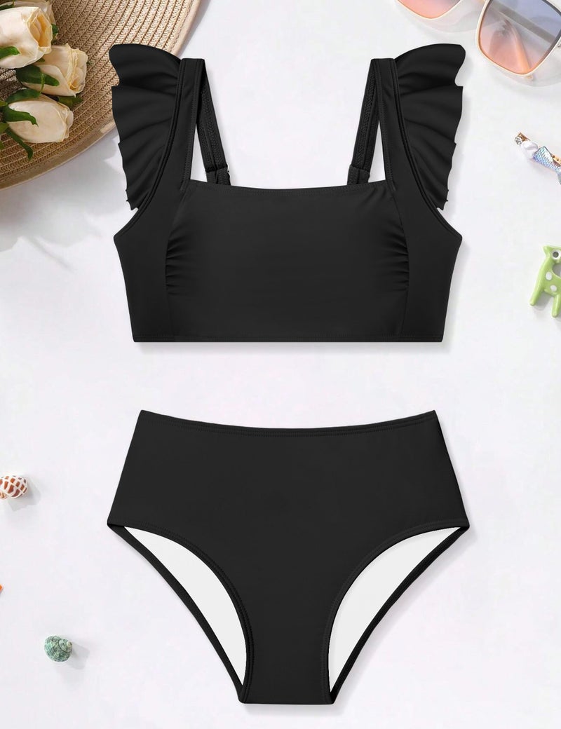 ZAANTI Girls Swimsuits Size 12-14 Ruched Ruffle Trim Adjustable Shoulder Straps High Waist 2 Piece Bathing Suits with Shorts with Removable Chest Pad Swimsuit for Teen Girls Black - Image 5