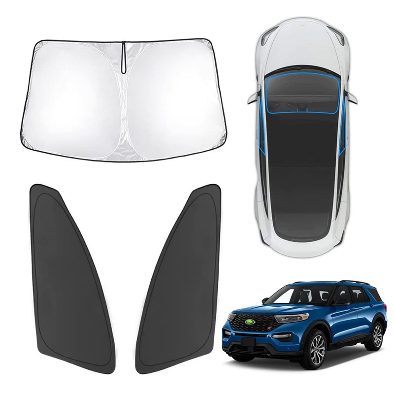 Karltys Compatible with Sunshades Ford Explorer 2020-2023 Windshield Shade Front Side Windows Sun Blocker Protector Foldable Sun Visor Reflective Polyester Blocks UV & Heat 3PCS