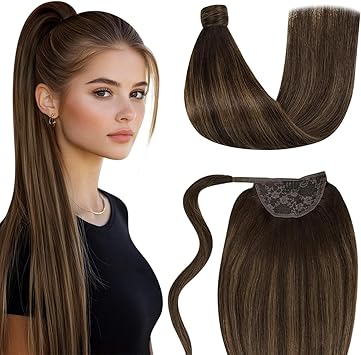 LaaVoo Pony Tail Extensions Real Human Hair 18 Inch 80g Balayage Darkest Brown to Light Brown Remy Straight Ponytail hair Extensions 282 - Image 1