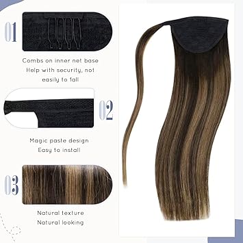 LaaVoo Pony Tail Extensions Real Human Hair 18 Inch 80g Balayage Darkest Brown to Light Brown Remy Straight Ponytail hair Extensions 282 - Image 2