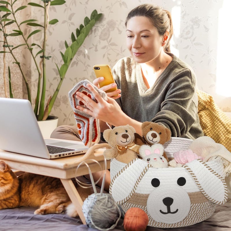 Zopeal Dog Woven Basket Cute Woven Cotton Rope Puppy Animal Storage Basket for Laundry Toy Gift Khaki White13 x 8 Inch - Image 2