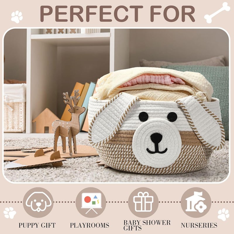 Zopeal Dog Woven Basket Cute Woven Cotton Rope Puppy Animal Storage Basket for Laundry Toy Gift Khaki White13 x 8 Inch - Image 5
