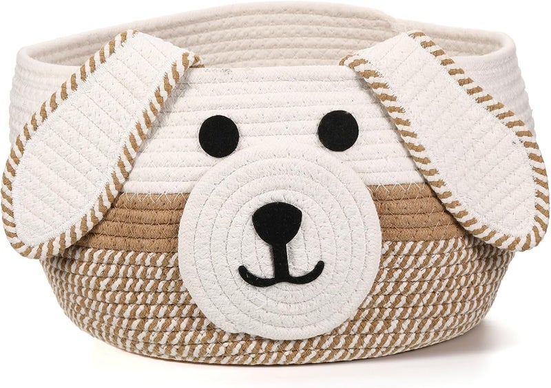 Zopeal Dog Woven Basket Cute Woven Cotton Rope Puppy Animal Storage Basket for Laundry Toy Gift Khaki White13 x 8 Inch - Image 1