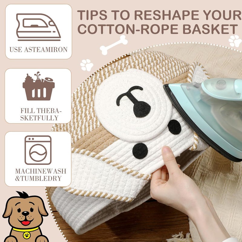 Zopeal Dog Woven Basket Cute Woven Cotton Rope Puppy Animal Storage Basket for Laundry Toy Gift Khaki White13 x 8 Inch - Image 4