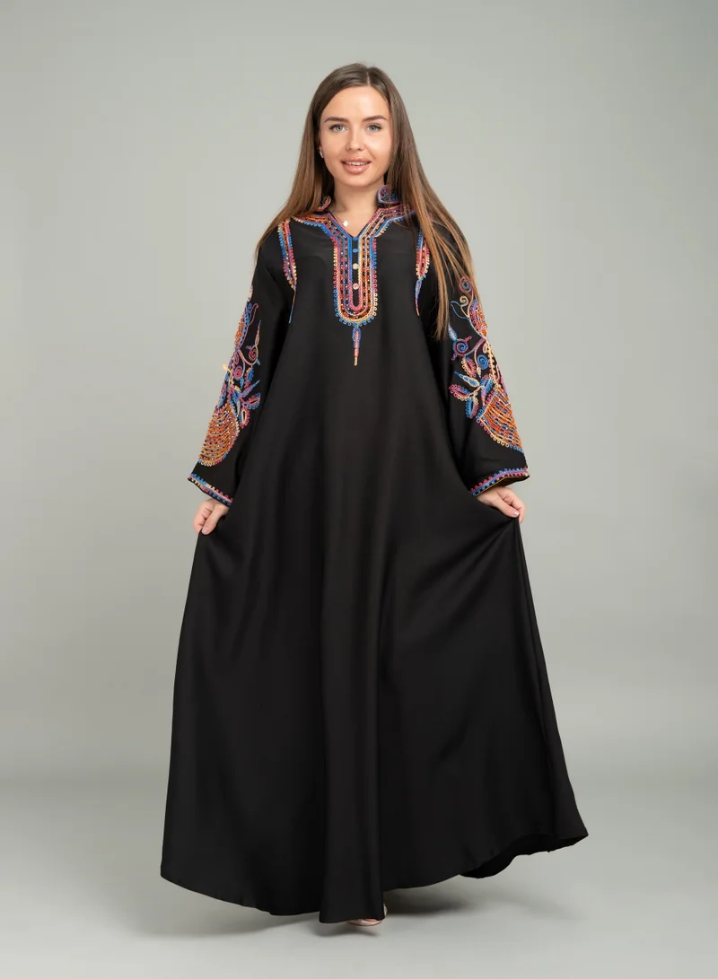 اكسا جلابية تطريز يدوي عنق اسيوي CJ1044 اسود