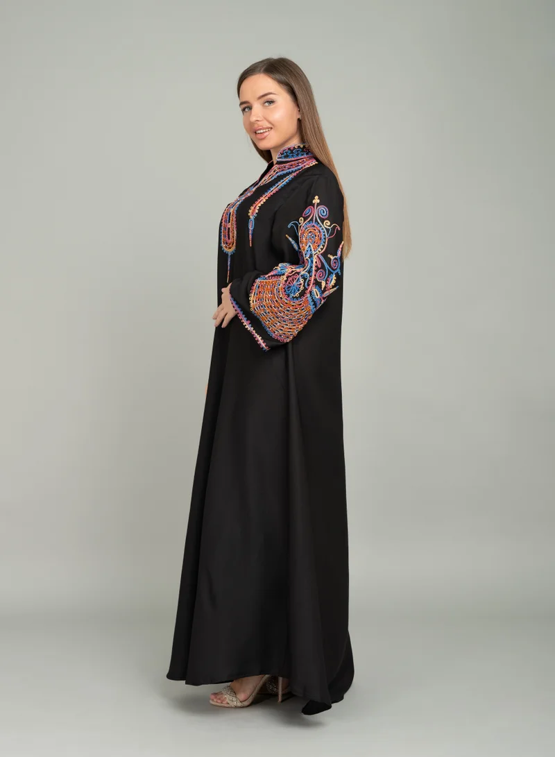 اكسا جلابية تطريز يدوي عنق اسيوي CJ1044 اسود