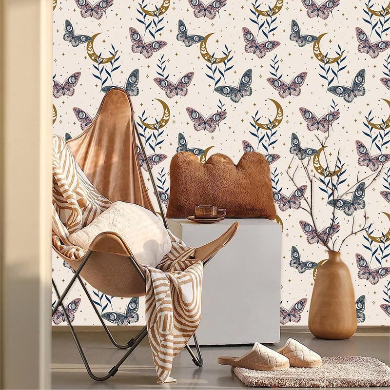MuralPeel Boho Moon Butterfly Golden Stars Leaf Beige Yellow Peel and Stick Wallpaper Self Adhesive Removable Easy Peel Off Stick on Wall Paper for Bedroom Cabinet Renter Friendly - Image 3