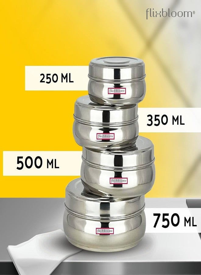 FLIXBLOOM Perfect Stainless Steel 4 Piece Combo Set of 4 Pcs (250ml,350ml,500ml,750ml) with Lid Sets Belly Shape Flat Canisters/Puri Dabba/Storage Containers - Image 5