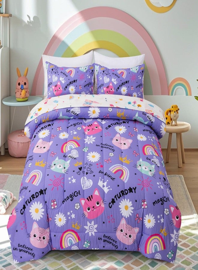 Btargot 5 Piece Cartoon Cat Reversible Kids Comforter Set, Cute Rainbow Bedding Set for Girls, Bed in a Bag for Kids Bedroom Decor, Twin Purple - Image 1