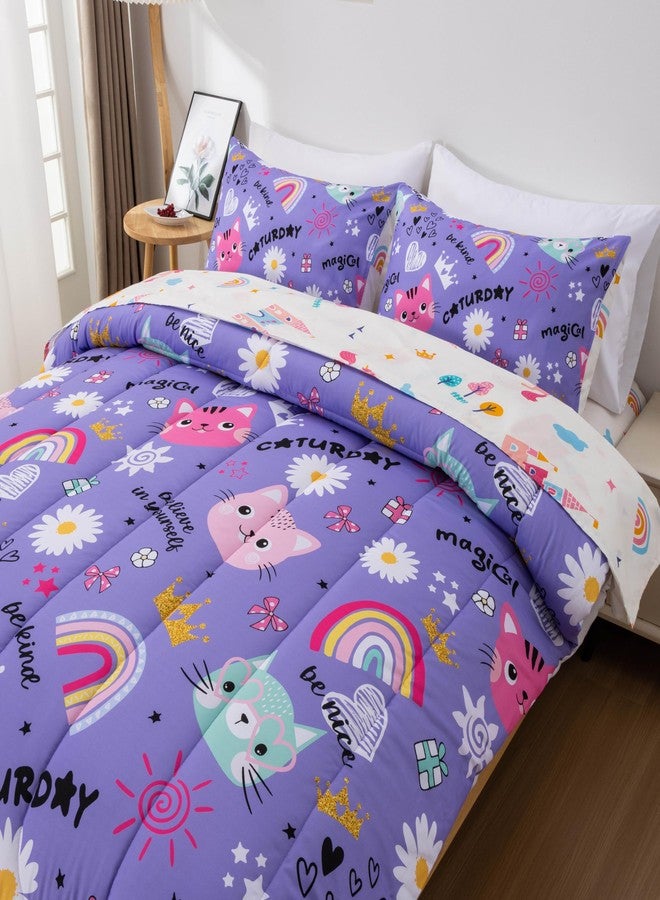 Btargot 5 Piece Cartoon Cat Reversible Kids Comforter Set, Cute Rainbow Bedding Set for Girls, Bed in a Bag for Kids Bedroom Decor, Twin Purple - Image 4