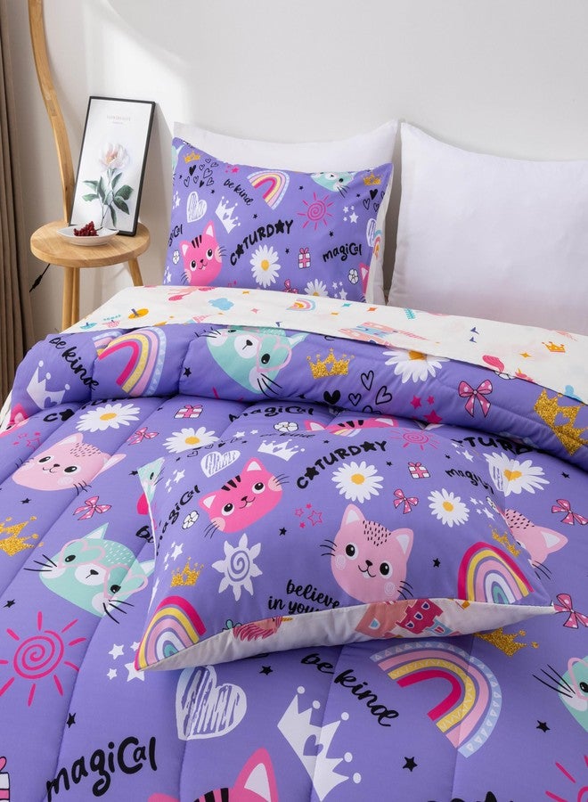 Btargot 5 Piece Cartoon Cat Reversible Kids Comforter Set, Cute Rainbow Bedding Set for Girls, Bed in a Bag for Kids Bedroom Decor, Twin Purple - Image 5