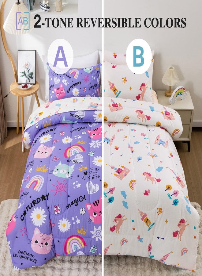 Btargot 5 Piece Cartoon Cat Reversible Kids Comforter Set, Cute Rainbow Bedding Set for Girls, Bed in a Bag for Kids Bedroom Decor, Twin Purple - Image 2
