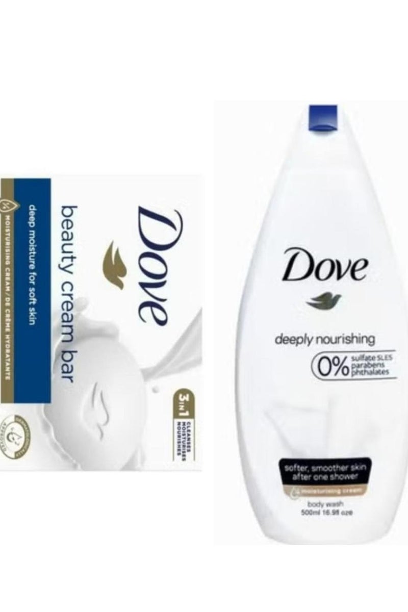 Dove The Best Set Of Two Pcs Of Deeply Nourishing Body Wash 500 ml + Beauty Cream Bar Soap Deep Moisture For Soft Skin 135g