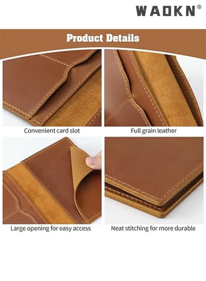 WAOKN Leather Passport Holder, Men's And Women's Passport Travel Wallet Protective Cover, First Layer Cowhide Handmade Passport Cover Boarding Card Document Bag Storage Book Handmade Genuine Leather Protective Cover Brown, Classic - Image 3