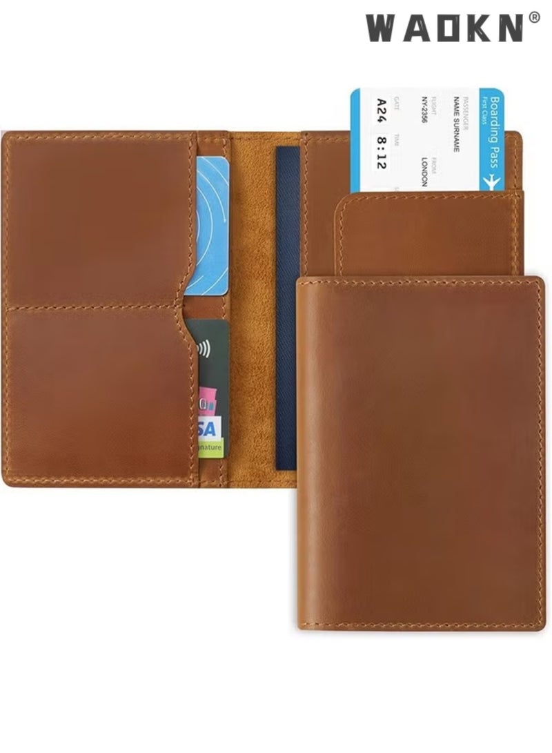 WAOKN Leather Passport Holder, Men's And Women's Passport Travel Wallet Protective Cover, First Layer Cowhide Handmade Passport Cover Boarding Card Document Bag Storage Book Handmade Genuine Leather Protective Cover Brown, Classic - Image 5