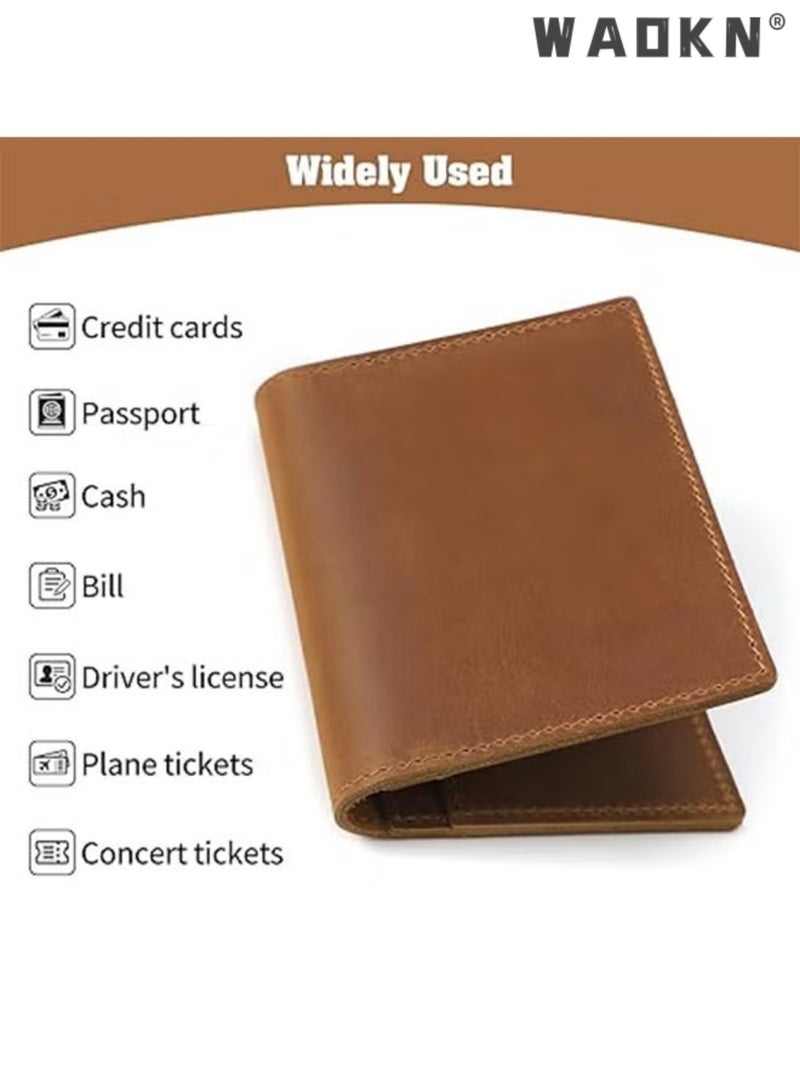 WAOKN Leather Passport Holder, Men's And Women's Passport Travel Wallet Protective Cover, First Layer Cowhide Handmade Passport Cover Boarding Card Document Bag Storage Book Handmade Genuine Leather Protective Cover Brown, Classic - Image 2