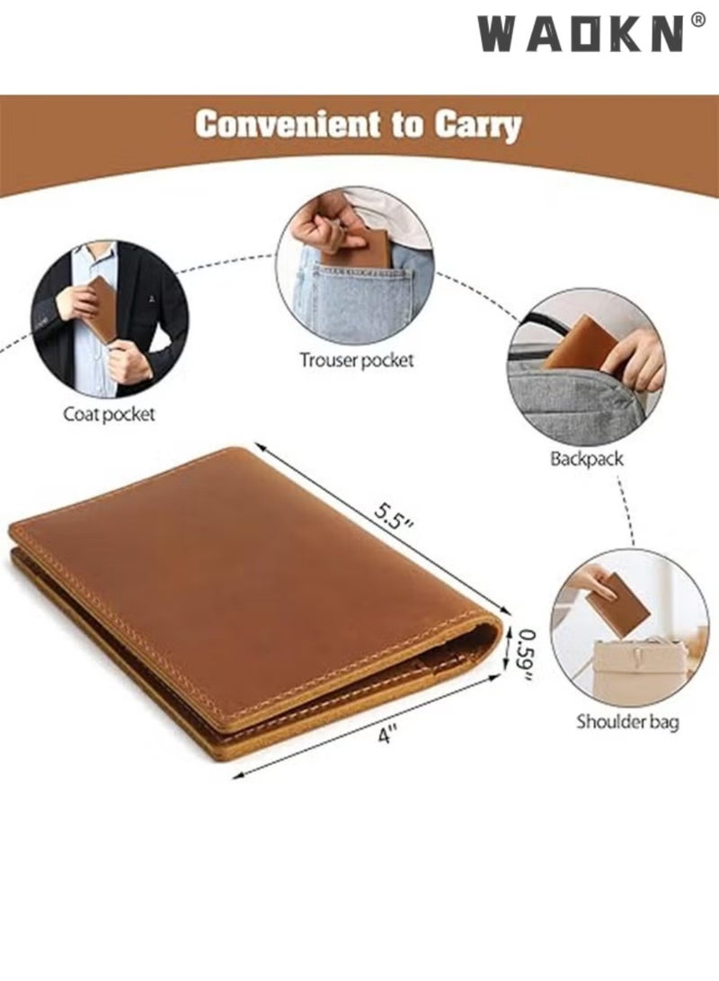 WAOKN Leather Passport Holder, Men's And Women's Passport Travel Wallet Protective Cover, First Layer Cowhide Handmade Passport Cover Boarding Card Document Bag Storage Book Handmade Genuine Leather Protective Cover Brown, Classic - Image 4