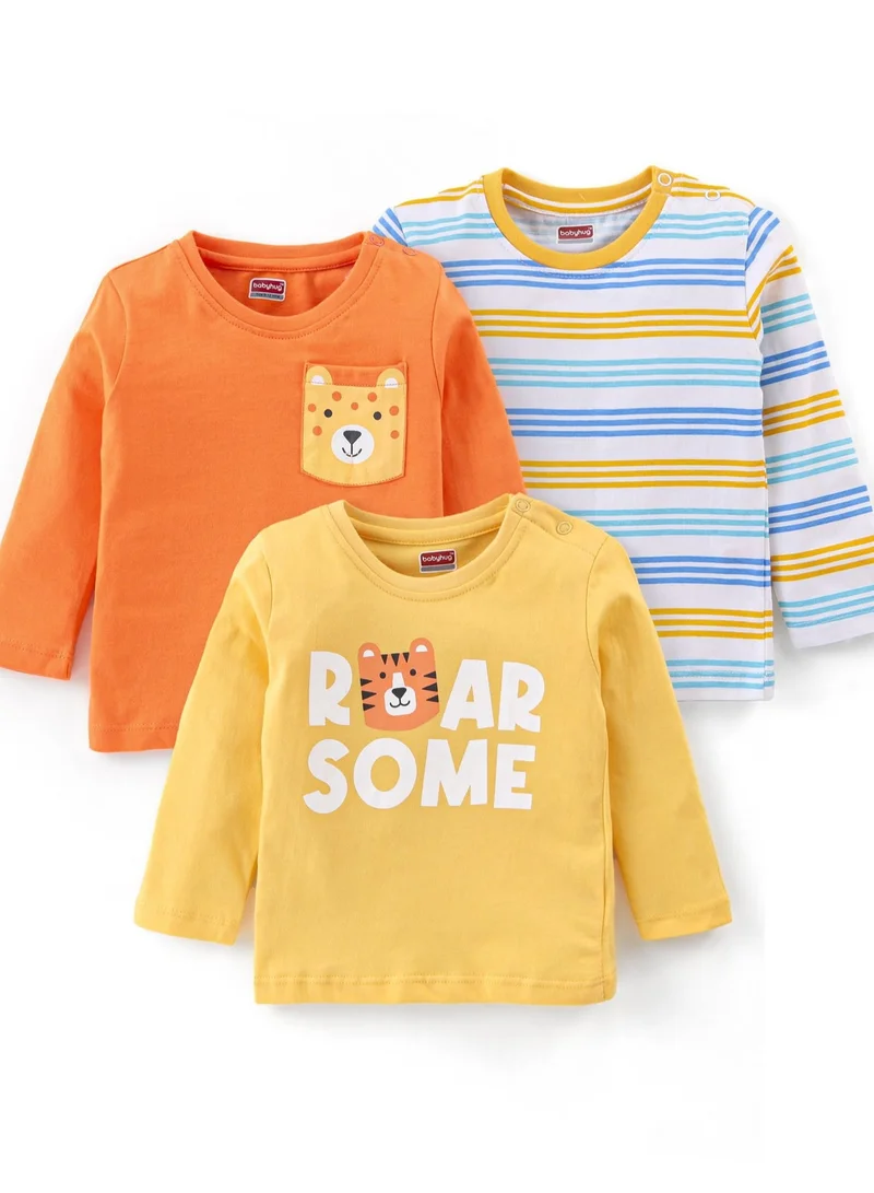 babyhug Babyhug Cotton Full Sleeves Striped Tees with Tiger Graphics Pack of 3 - Multicolor