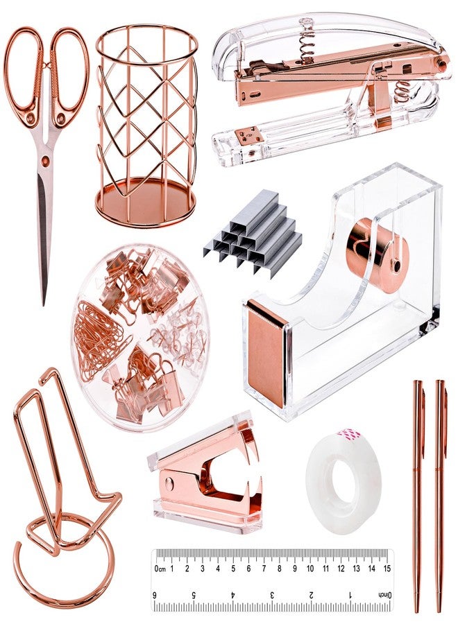 EOOUT Rose Gold Desk Accessories, Office Supplies and Accessories Set, Acrylic Stapler Set, Staple Remover, Phone Holder, Pen Holder, Scissor, Ruler, Transparent Tape - Image 1
