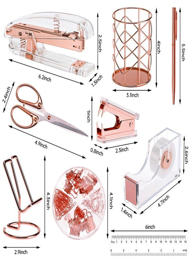 EOOUT Rose Gold Desk Accessories, Office Supplies and Accessories Set, Acrylic Stapler Set, Staple Remover, Phone Holder, Pen Holder, Scissor, Ruler, Transparent Tape - Image 2