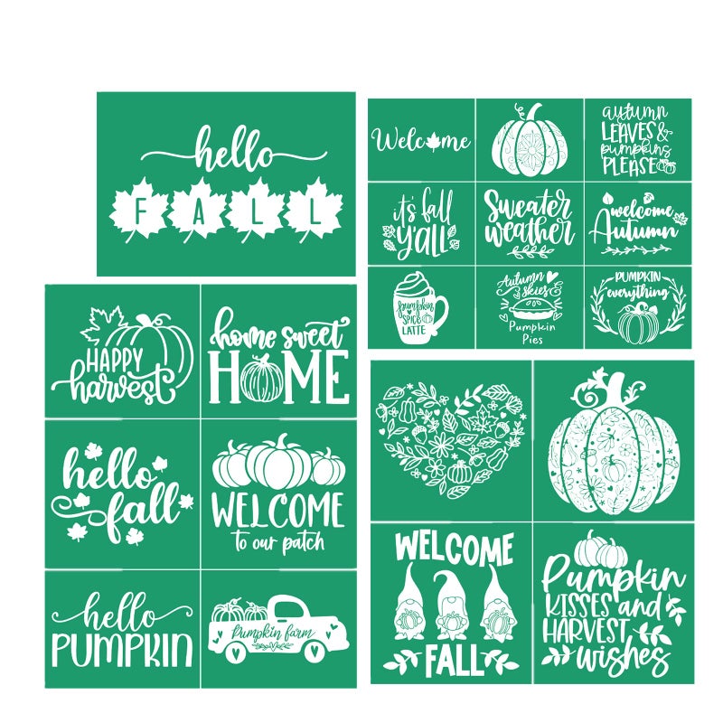 JAJADO Fall Silk Screen Stencil 4pcs Autumn Leaves Farmhouse Pumpkins Bundle Chalk Paste Adhsive Stencils Reusable Screen Print Transfers for Crafts on Wood Fabric Pillow Cup DIY Home Decor