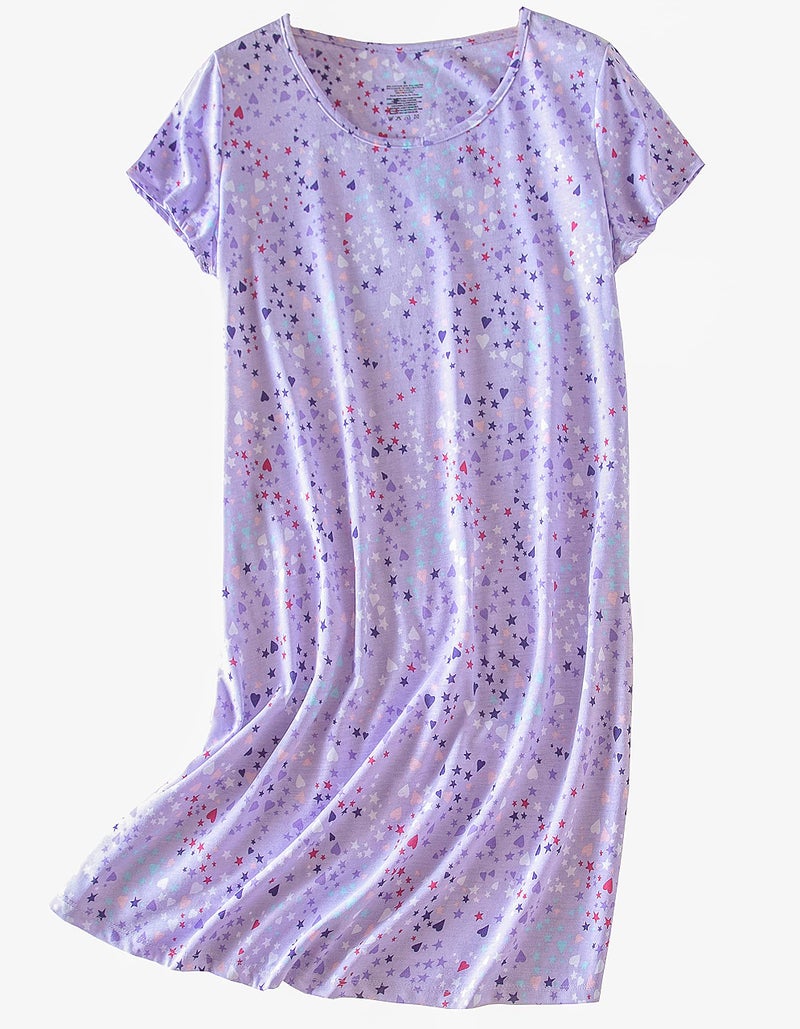 PNAEONG 3 Pack Women's Cotton Nightgown Sleepwear Short Sleeves Shirt Casual Print Sleepdress SY003-Paisley+Purple+Star-L - Image 3
