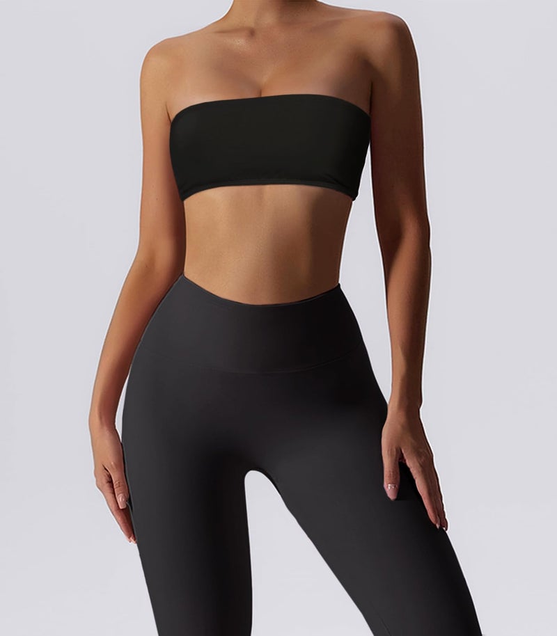Boudaner Womenâ€™s Padded Bandeau Sports Tube Top Bra Strapless Wireless Solid Seamless Yoga Workout Bralette Black - Image 2