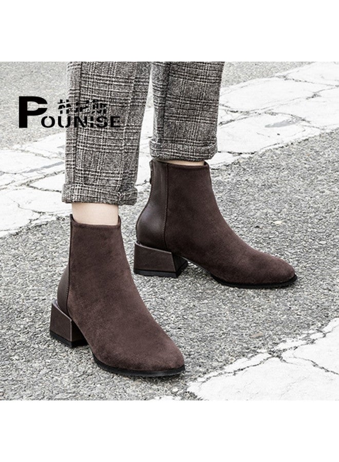 Pounise Women's Short Boots Fashion Round Toe Patchwork Chunky Heel Nude Boots Phx-2278 Brown Size 34 - Image 2