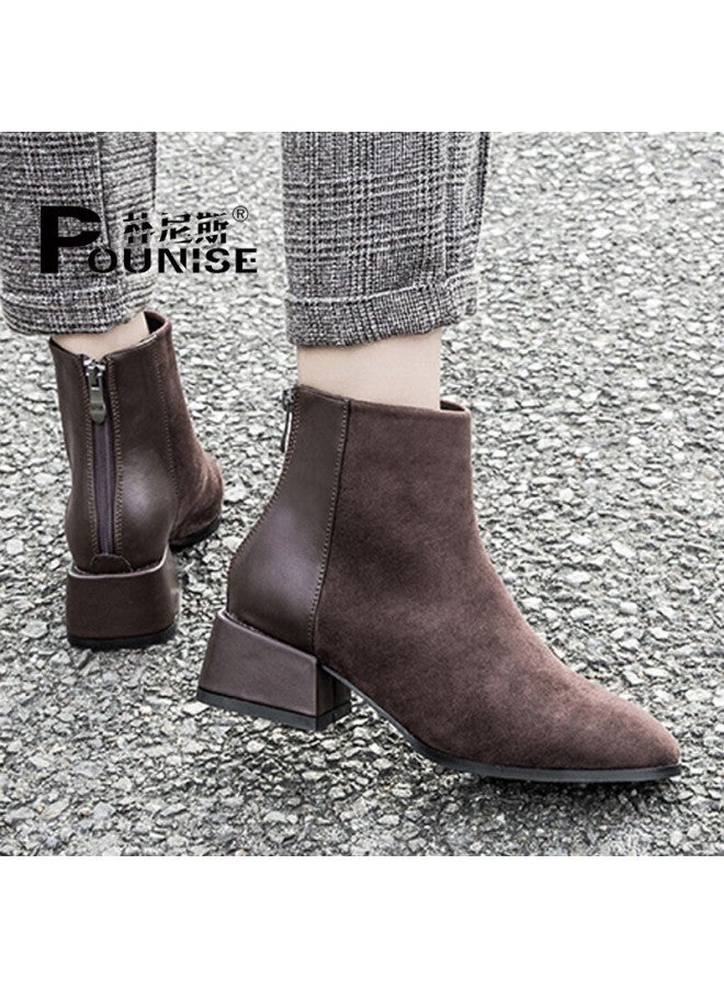 Pounise Women's Short Boots Fashion Round Toe Patchwork Chunky Heel Nude Boots Phx-2278 Brown Size 34 - Image 1