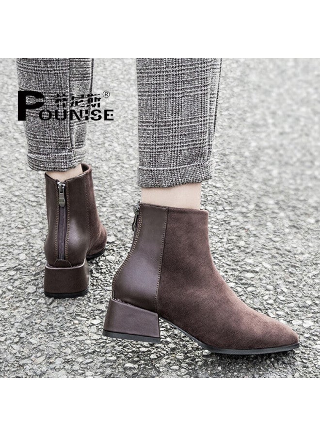 Pounise Women's Short Boots Fashion Round Toe Patchwork Chunky Heel Nude Boots Phx-2278 Brown Size 34 - Image 3
