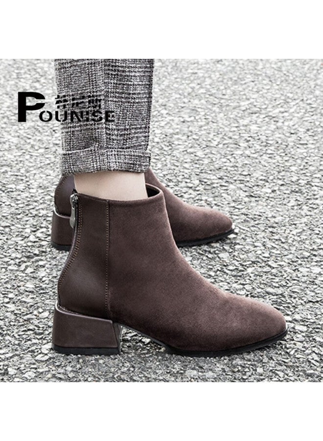 Pounise Women's Short Boots Fashion Round Toe Patchwork Chunky Heel Nude Boots Phx-2278 Brown Size 34 - Image 4