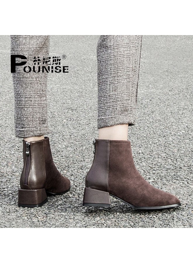Pounise Women's Short Boots Fashion Round Toe Patchwork Chunky Heel Nude Boots Phx-2278 Brown Size 34 - Image 5