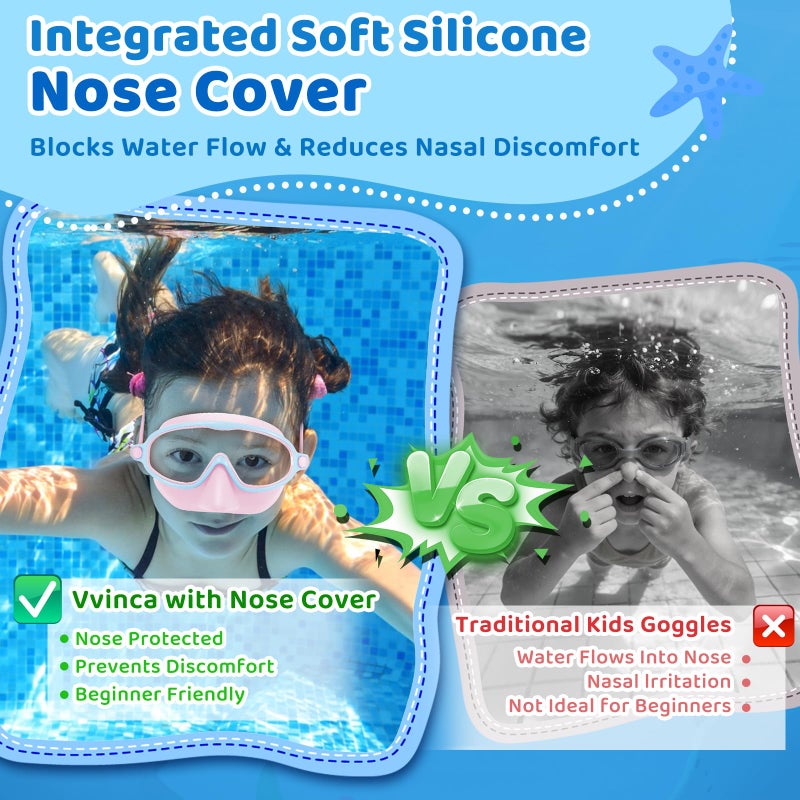 Vvinca 2 Pack Kids Swim Goggles with Nose Cover, Wide View Anti-Fog UV Protection Swimming Mask for Boys Girls Ages 3-14, No Leak Pool Goggles for Toddlers - Image 2