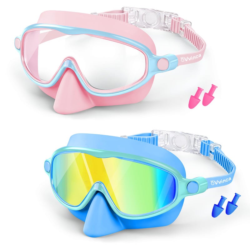 Vvinca 2 Pack Kids Swim Goggles with Nose Cover, Wide View Anti-Fog UV Protection Swimming Mask for Boys Girls Ages 3-14, No Leak Pool Goggles for Toddlers - Image 1