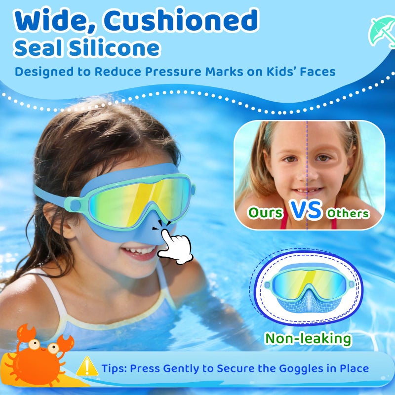 Vvinca 2 Pack Kids Swim Goggles with Nose Cover, Wide View Anti-Fog UV Protection Swimming Mask for Boys Girls Ages 3-14, No Leak Pool Goggles for Toddlers - Image 3