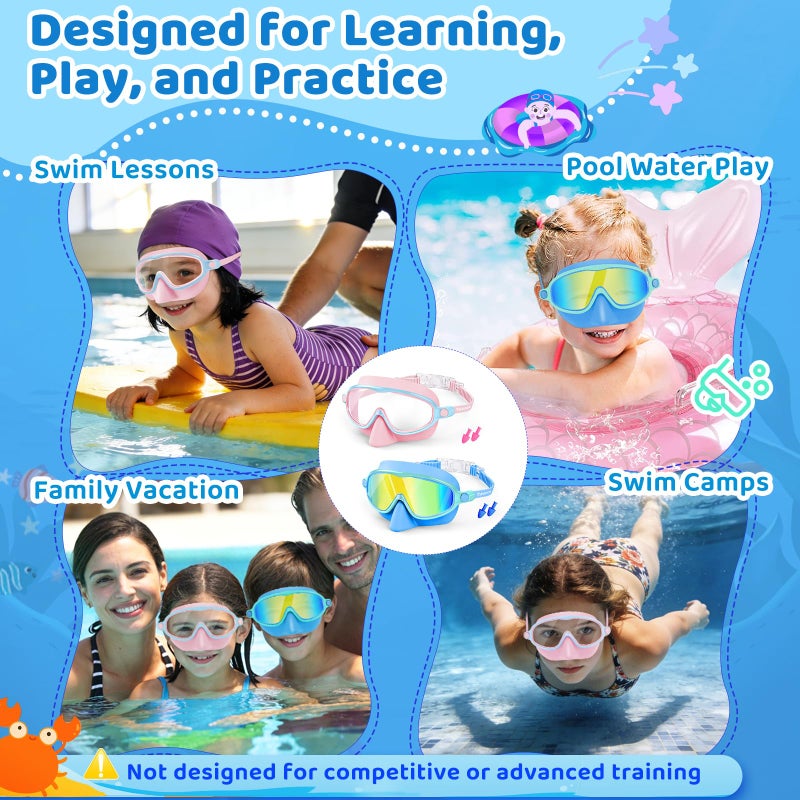 Vvinca 2 Pack Kids Swim Goggles with Nose Cover, Wide View Anti-Fog UV Protection Swimming Mask for Boys Girls Ages 3-14, No Leak Pool Goggles for Toddlers - Image 5