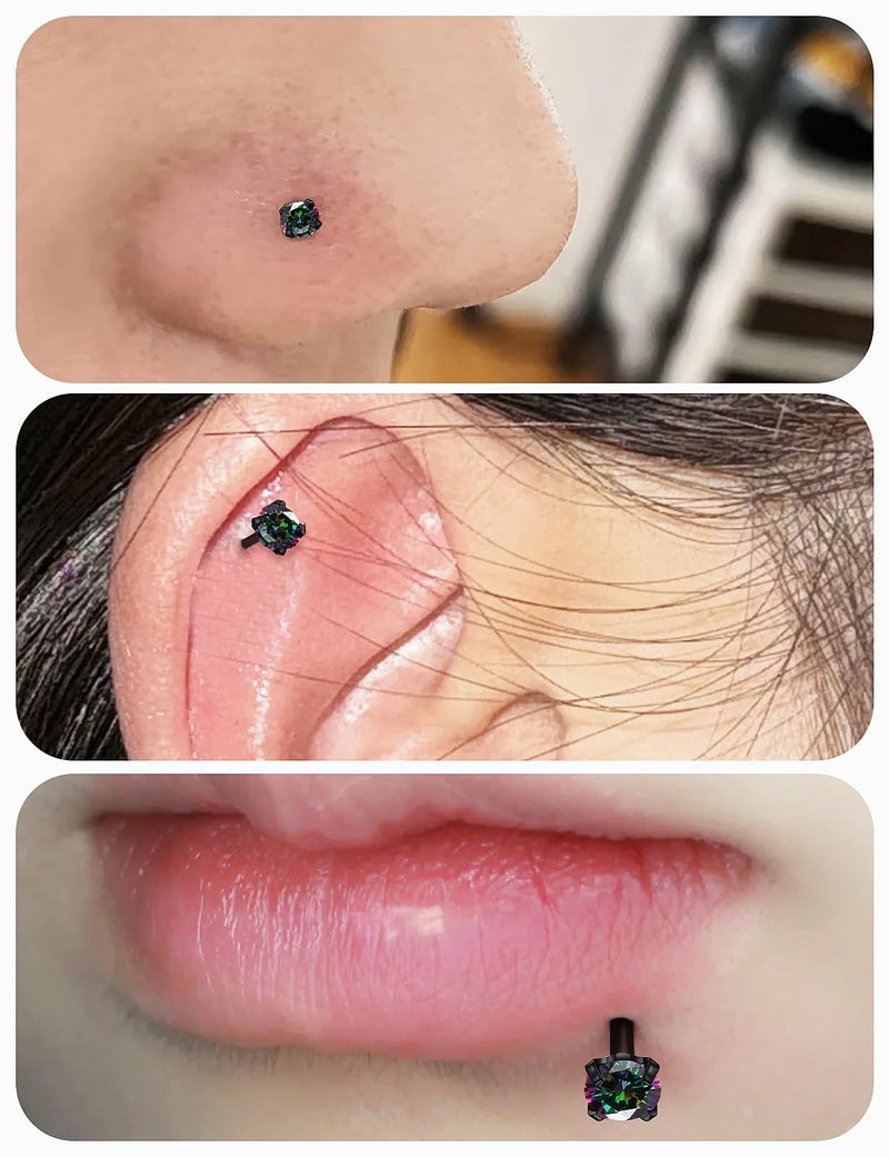 Lsnevsie 18G Internally Threaded Flat Back Earrings Studs Nose Rings Studs Surgical Steel Rainbow CZ Nose Rings Stud Tragus Helix Conch Cartilage Earrings Piercing Jewelry For Women Men 18 Gauge Black - Image 5