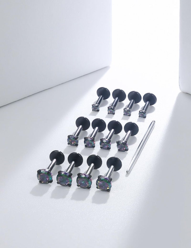 Lsnevsie 18G Internally Threaded Flat Back Earrings Studs Nose Rings Studs Surgical Steel Rainbow CZ Nose Rings Stud Tragus Helix Conch Cartilage Earrings Piercing Jewelry For Women Men 18 Gauge Black - Image 4