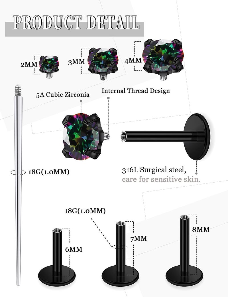 Lsnevsie 18G Internally Threaded Flat Back Earrings Studs Nose Rings Studs Surgical Steel Rainbow CZ Nose Rings Stud Tragus Helix Conch Cartilage Earrings Piercing Jewelry For Women Men 18 Gauge Black - Image 2