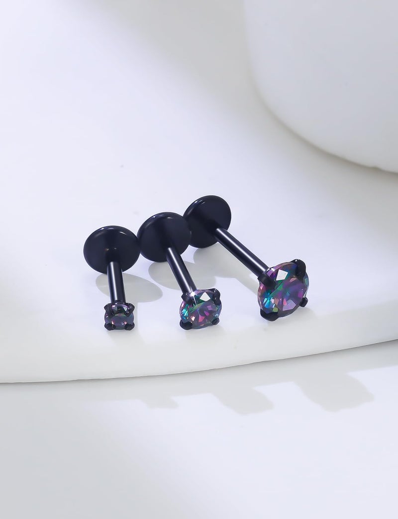 Lsnevsie 18G Internally Threaded Flat Back Earrings Studs Nose Rings Studs Surgical Steel Rainbow CZ Nose Rings Stud Tragus Helix Conch Cartilage Earrings Piercing Jewelry For Women Men 18 Gauge Black - Image 3