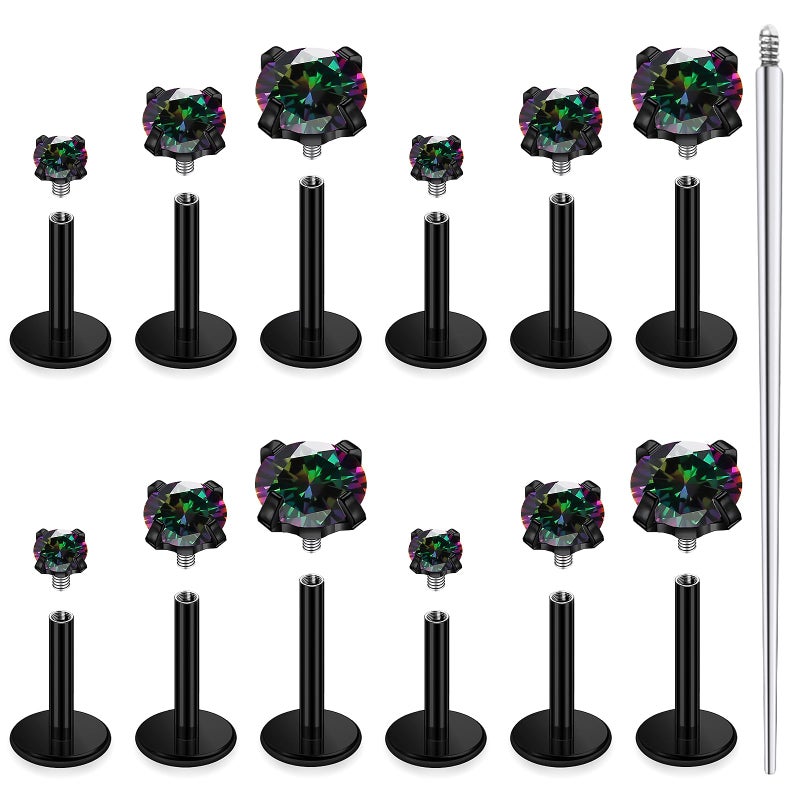Lsnevsie 18G Internally Threaded Flat Back Earrings Studs Nose Rings Studs Surgical Steel Rainbow CZ Nose Rings Stud Tragus Helix Conch Cartilage Earrings Piercing Jewelry For Women Men 18 Gauge Black - Image 1