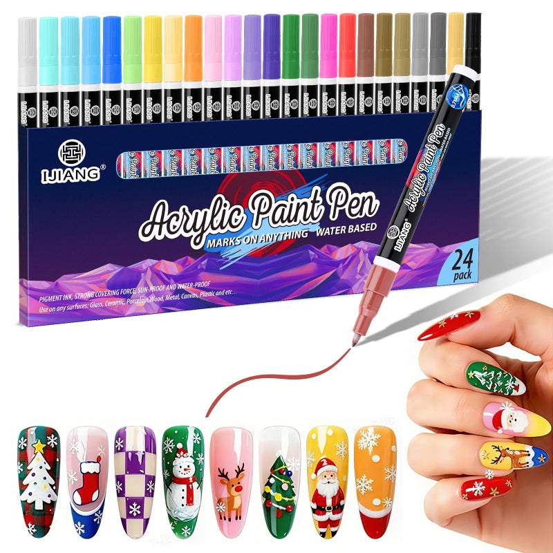 IJIANG Nail Art Pens 24 Colors Set Nail Polish Pens Markers, Acrylic Paint Pens with 0.7mm Fine Tips, Non-Toxic Waterproof Quick-Drying for Girls Women DIY Nails Art Design Manicure Tools