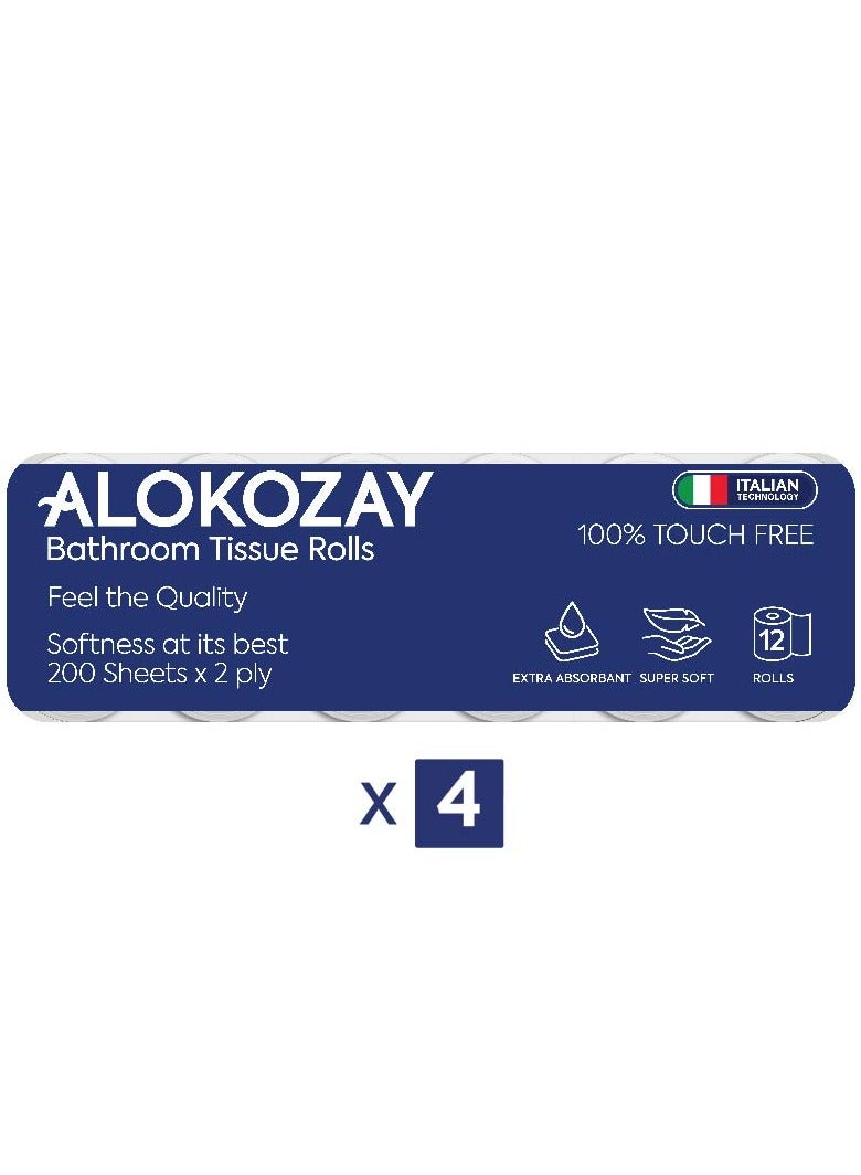 Alokozay Bathroom Tissues - 200 Sheets X 2 Ply - 12 Rolls X Pack of 4 4 x 12 Rolls
