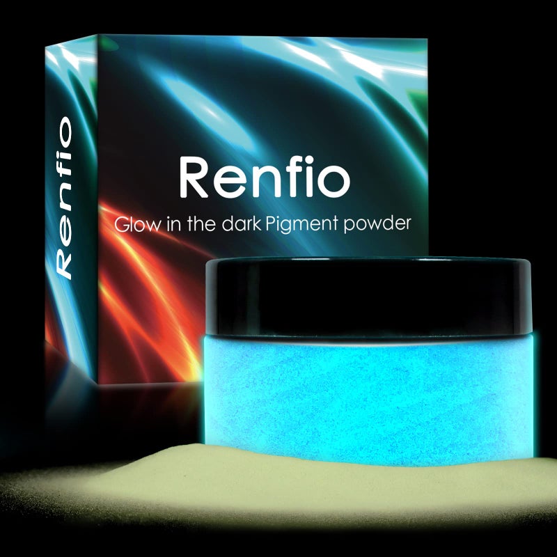 Renfio Glow in The Dark Pigment Powder 35oz 100g Luminous Powder Resin Color Pigment Dyes Fluorescent Paint for Acrylic Paint Epoxy Resin Nail Art Slime Party DIY Crafts White to Sky Blue - Image 3