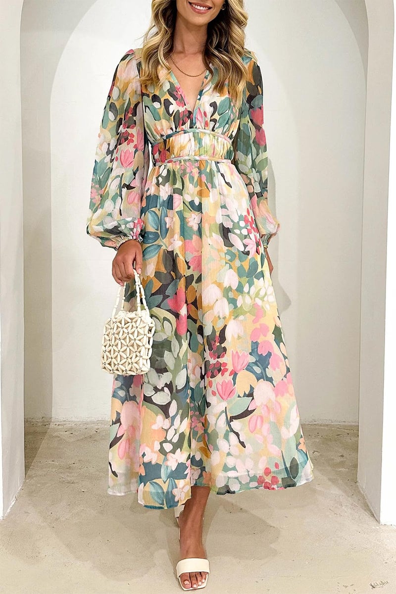 Maxigerui Women's Long Sleeve Floral Maxi Dress 2026 Spring Summer Wedding Guest Dress Green Floral XL - Image 5