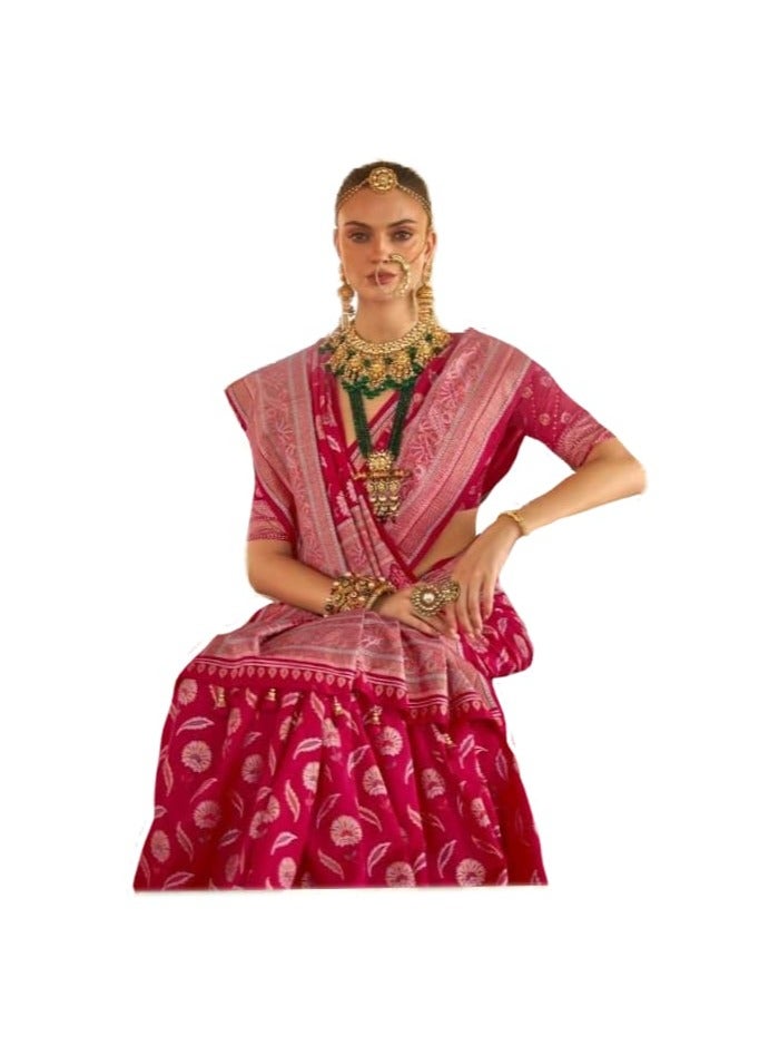 Grab Mantra Pink Soft Silk Saree With Floral Print Golden Traditional Border And Unstitched Blouse  - Image 1